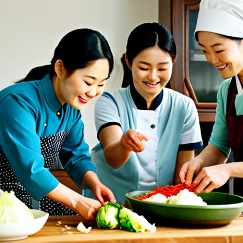 Home 21 **
"A family-friendly scene depicting a group of women, fully clothed in modest Korean attire, collaboratively preparing kimchi in a traditional Korean kitchen. Ingredients like Napa cabbage, radish, garlic, ginger, and red pepper flakes are visible. The atmosphere is warm and inviting, reflecting the cultural significance of kimchi making. Safe for work, appropriate content, professional photography, perfect anatomy, natural pose, well-formed hands, proper finger count, natural body proportions, high quality."
**