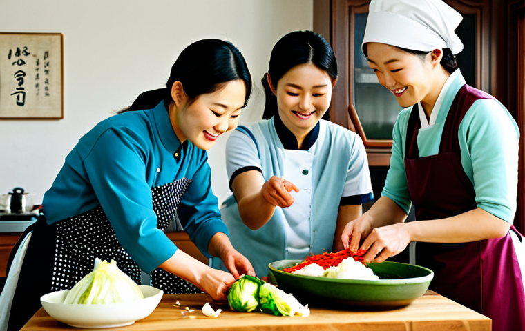 **

"A family-friendly scene depicting a group of women, fully clothed in modest Korean attire, collaboratively preparing kimchi in a traditional Korean kitchen. Ingredients like Napa cabbage, radish, garlic, ginger, and red pepper flakes are visible. The atmosphere is warm and inviting, reflecting the cultural significance of kimchi making. Safe for work, appropriate content, professional photography, perfect anatomy, natural pose, well-formed hands, proper finger count, natural body proportions, high quality."

**
