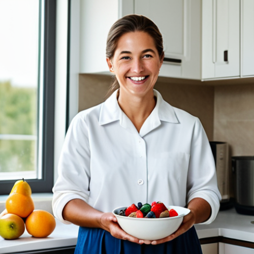 Home 9 **
"A smiling woman in a modest kitchen, preparing a bowl of yogurt with fresh fruit. Fully clothed, appropriate attire, natural lighting, safe for work, perfect anatomy, correct proportions, family-friendly, showcasing the benefits of fermented foods."
**