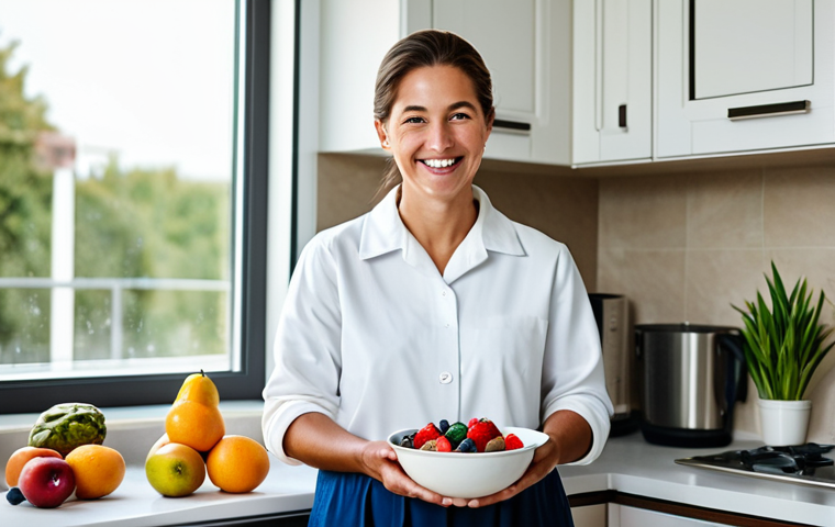 **

"A smiling woman in a modest kitchen, preparing a bowl of yogurt with fresh fruit. Fully clothed, appropriate attire, natural lighting, safe for work, perfect anatomy, correct proportions, family-friendly, showcasing the benefits of fermented foods."

**