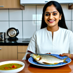 Bengali Food Blogger**

A food blogger, fully clothed in modest, professional attire, smiling and presenting a plate of Ilish Bhapa (steamed Hilsa fish) in a modern kitchen setting. The kitchen is clean and well-lit. Appropriate content, safe for work, perfect anatomy, natural proportions, professional photography, high quality, family-friendly.

**