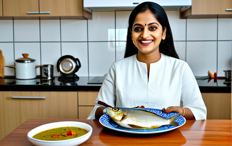 Bengali Food Blogger**

A food blogger, fully clothed in modest, professional attire, smiling and presenting a plate of Ilish Bhapa (steamed Hilsa fish) in a modern kitchen setting. The kitchen is clean and well-lit. Appropriate content, safe for work, perfect anatomy, natural proportions, professional photography, high quality, family-friendly.

**