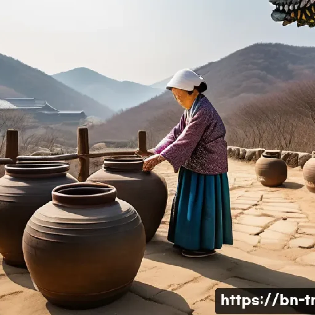 전통 장류의 맛 비교 - **A Serene Korean Jang Fermentation Scene:** A wide shot capturing a traditional Korean 'jangdokdae'...