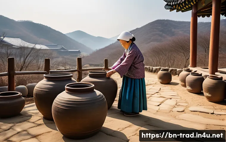 전통 장류의 맛 비교 - **A Serene Korean Jang Fermentation Scene:** A wide shot capturing a traditional Korean 'jangdokdae'...