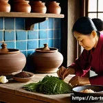 Home 18 전통김치와 현대김치 비교 - A vibrant traditional Korean kitchen scene featuring a middle-aged Bengali woman in modest attire pr...
