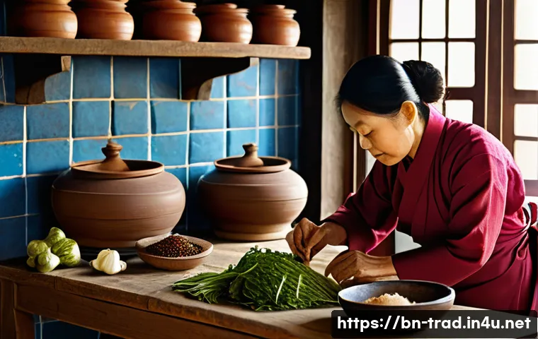 전통김치와 현대김치 비교 - A vibrant traditional Korean kitchen scene featuring a middle-aged Bengali woman in modest attire pr...