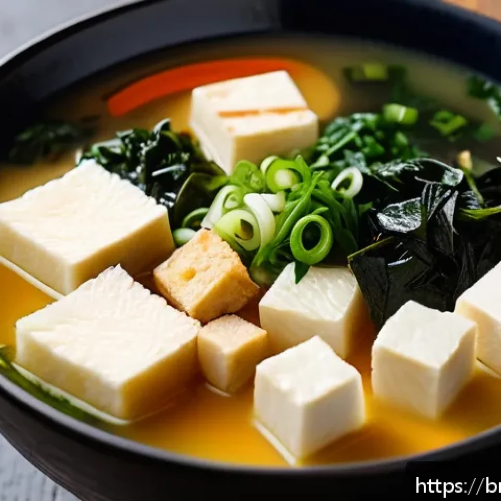 된장 - A vibrant and detailed close-up of a traditional Japanese miso soup bowl on a rustic wooden table, f...