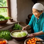 전통 김치 제조법 - A traditional Korean kitchen scene featuring an elderly Bengali woman carefully selecting fresh seas...