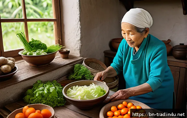 전통 김치 제조법 - A traditional Korean kitchen scene featuring an elderly Bengali woman carefully selecting fresh seas...