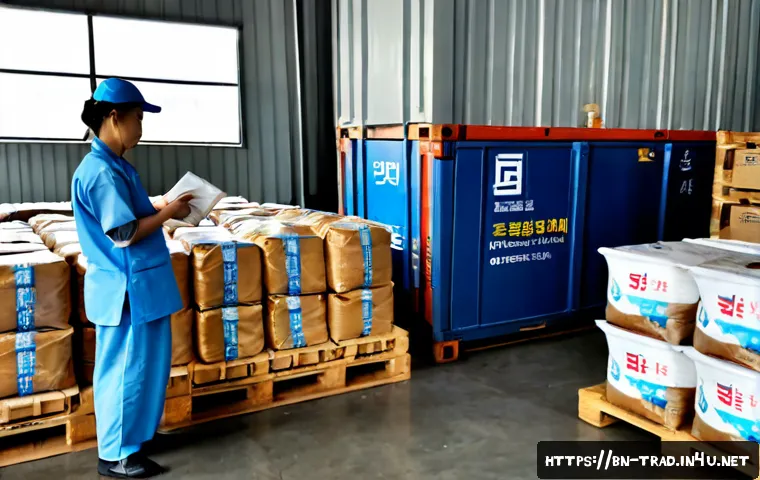 한국 전통식품의 수출 현황 - Photorealistic export logistics scene at a modern Korean food processing warehouse, neatly stacked u...