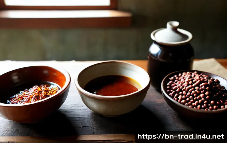 한국 전통 장류 - Photorealistic Korean traditional fermented sauces arranged in handmade earthenware bowls on a rusti...