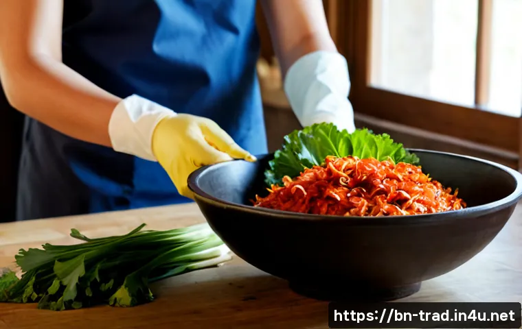 전통 김치 - Photorealistic traditional Korean kimchi preparation scene, a large earthenware bowl filled with nap...
