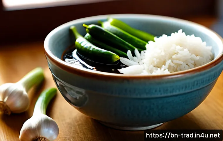 간장 - Photorealistic close-up of a small ceramic bowl filled with rich dark soy sauce, surrounded by fresh...